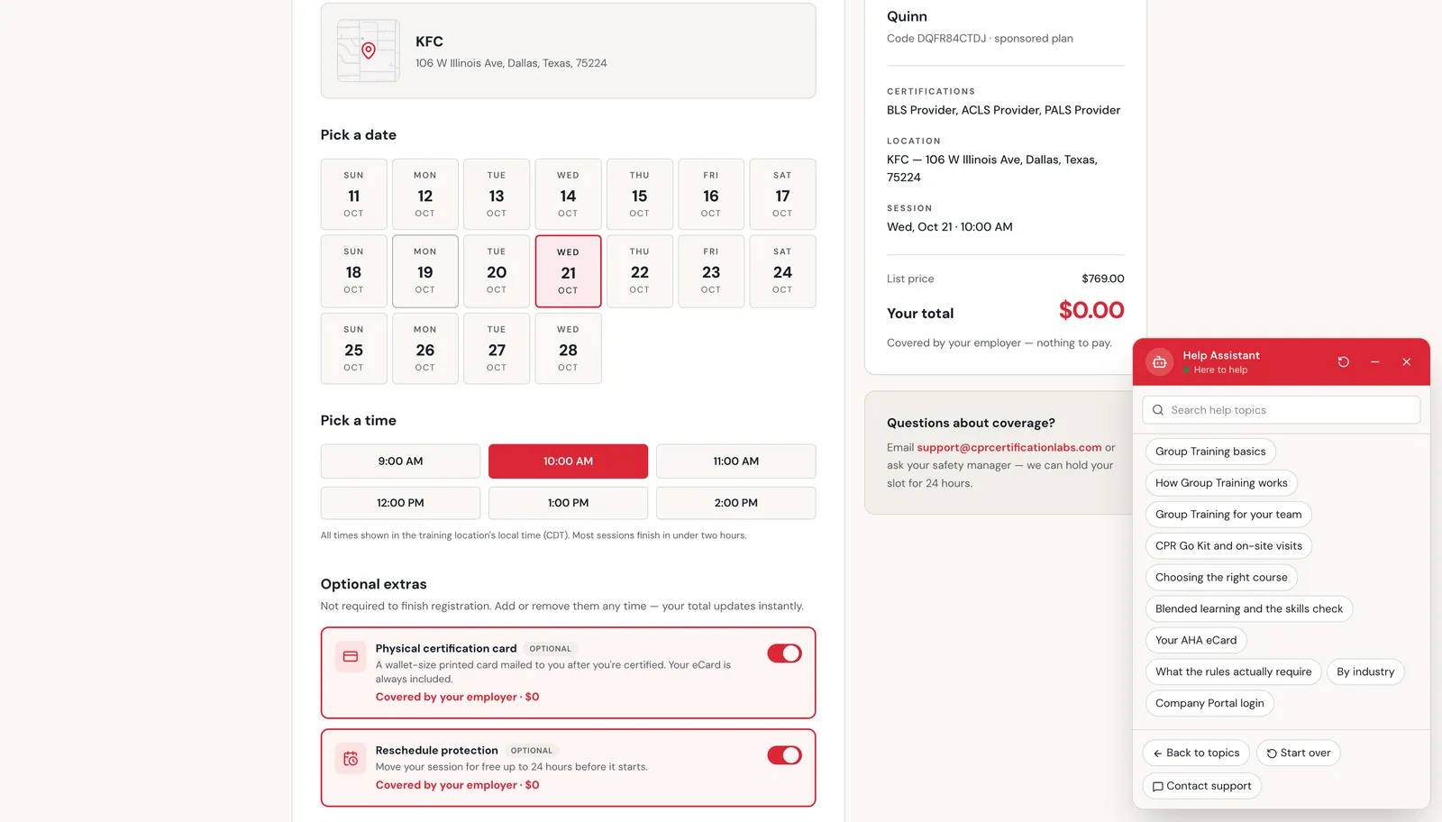 CPR Group Training — Onboarding — session booking with AI help assistant