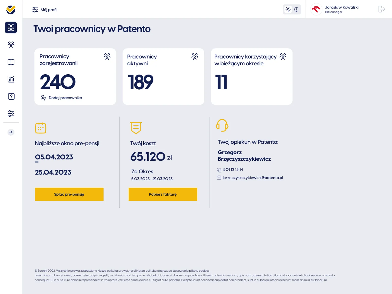 Patento B2B platform — Dashboard — employees, next payout window, cost