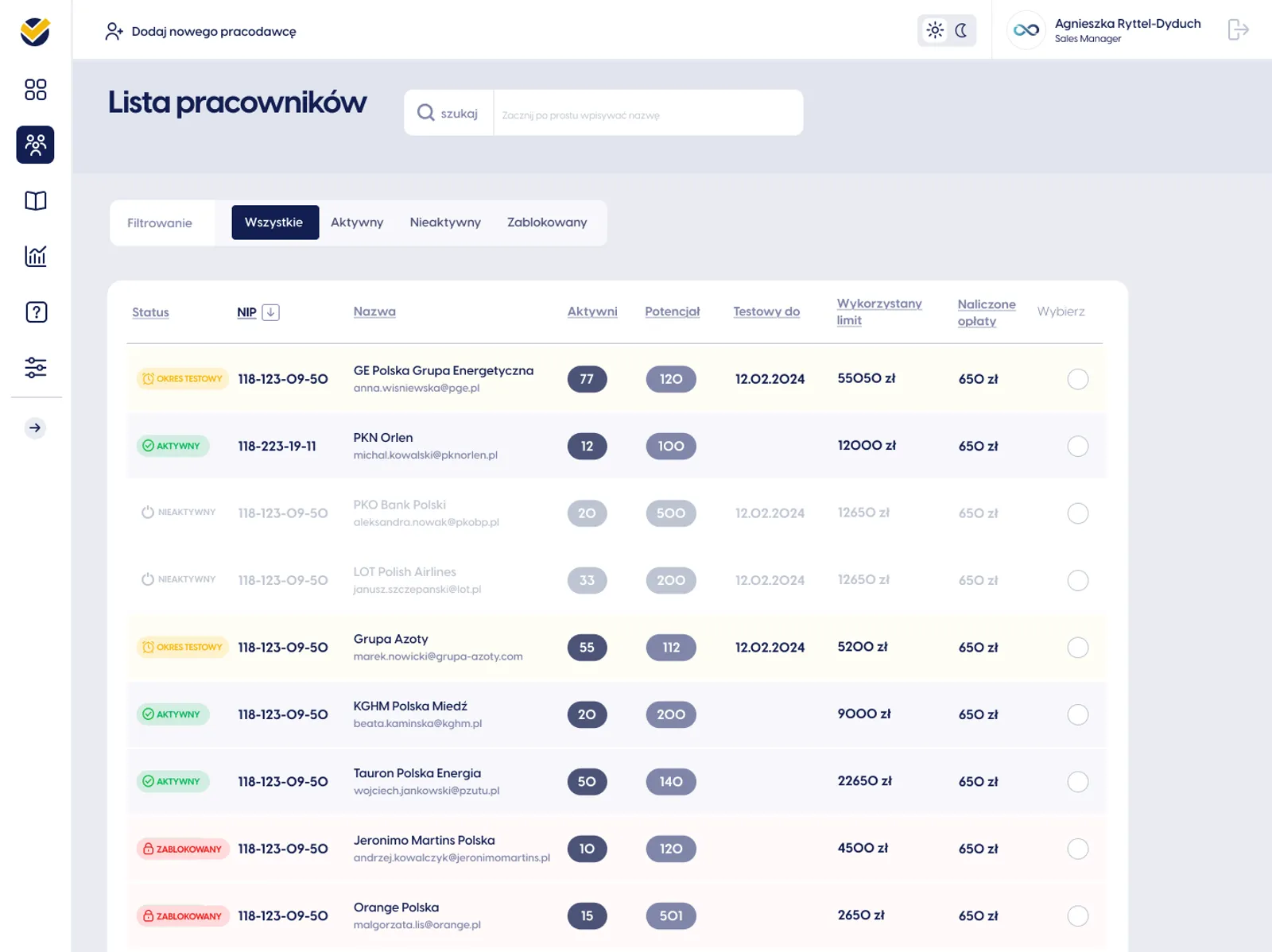 Patento B2B platform — Employee list — table for scanning