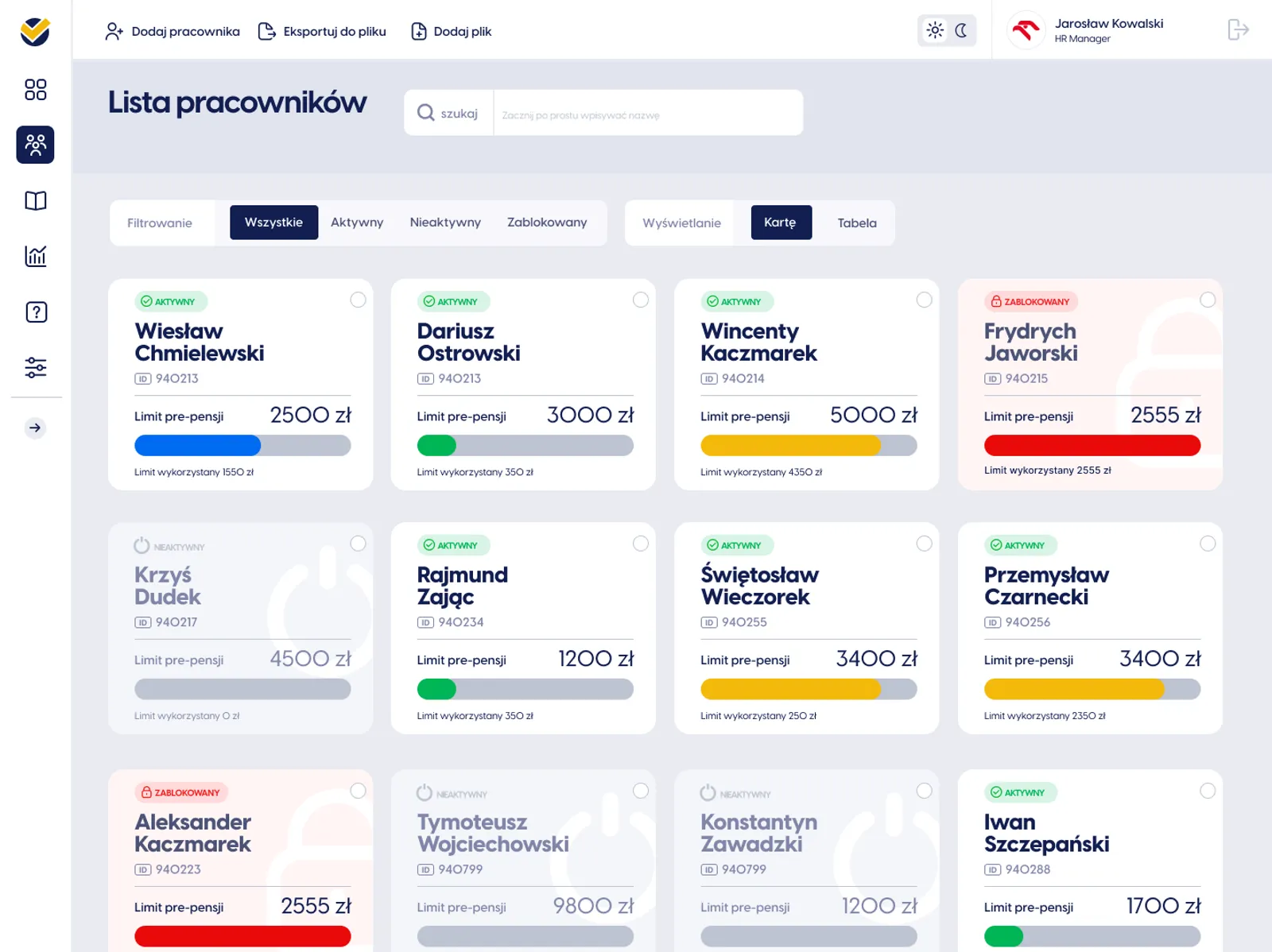 Patento B2B platform — Employee list — cards with limit bars